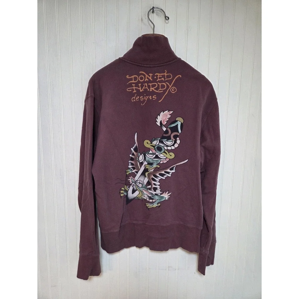 Ed Hardy Sweatshirt Mens XL Brown Full Zip Fleece New York City Tattoo Graphic - Picture 3 of 13